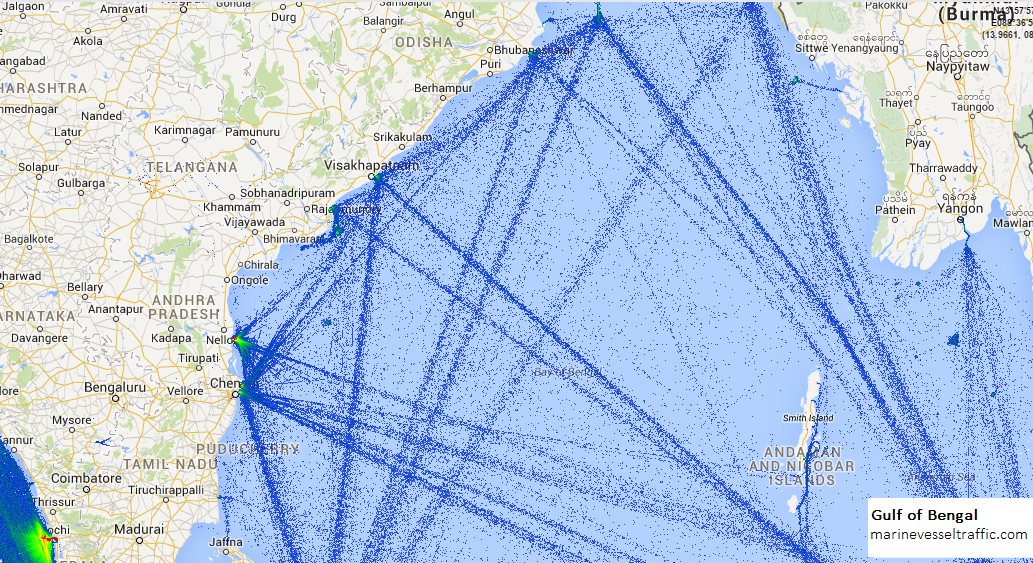 Live Marine Traffic, Density Map and Current Position of ships in BAY OF BENGAL